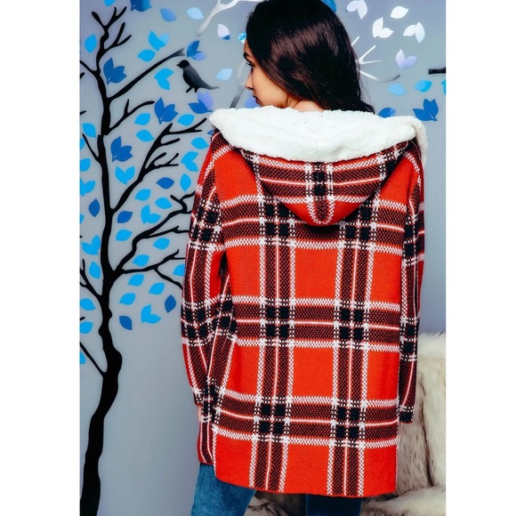 NWT KNIT FUR LINED RED PLAID COAT - Picture 3 of 10